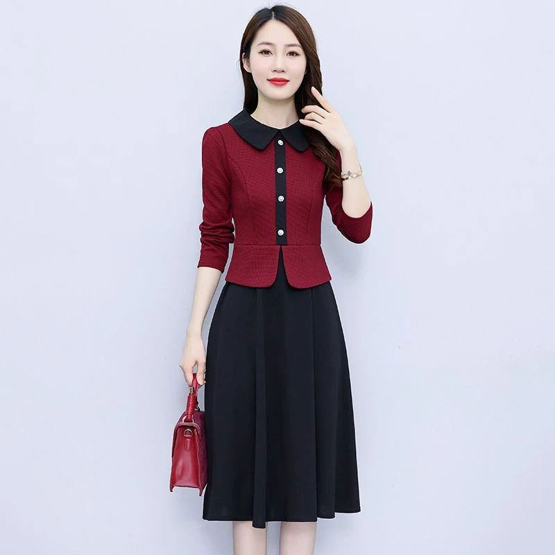 法式小香风撞色单排扣连衣裙女2023秋季新款时尚拼接假两件中长裙