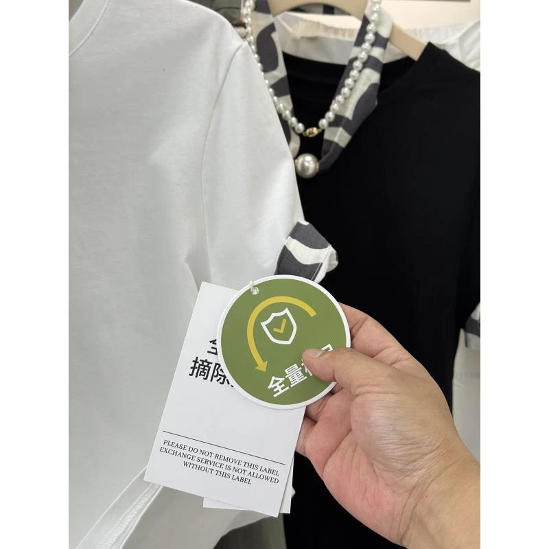 高克重双纱纯棉！设计感丝巾珍珠扣项链双袖正肩短袖T恤23985