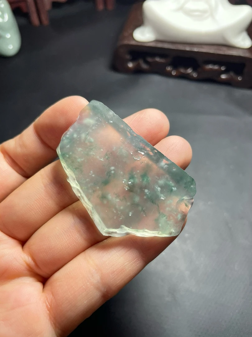 高冰玻璃种飘蓝花镶嵌人物树叶47-28-5厚 21g周玉玲天然A货翡翠