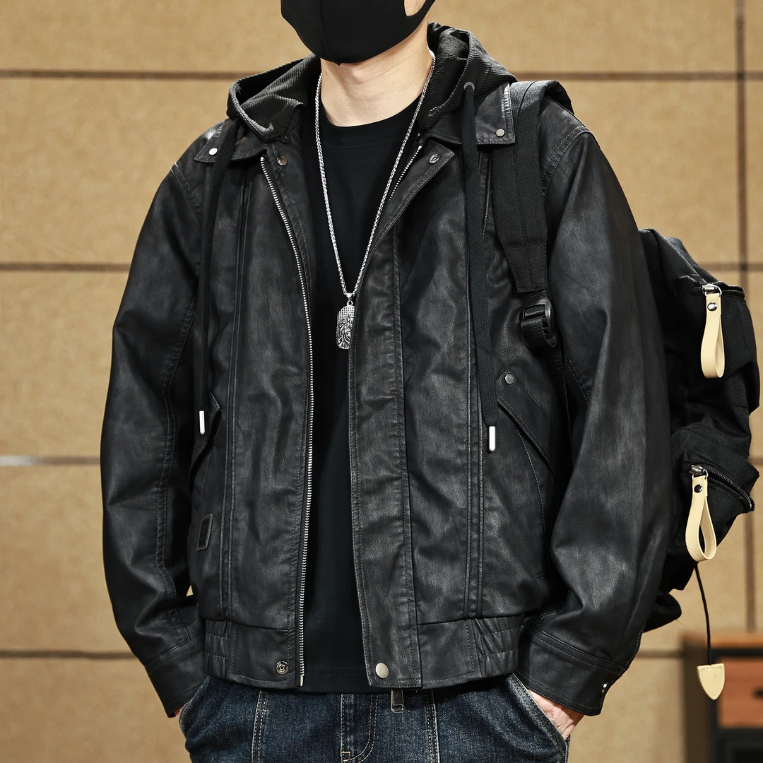 美式男士PU皮假两件连帽皮夹克春秋季新款潮牌工装休闲皮衣外套男