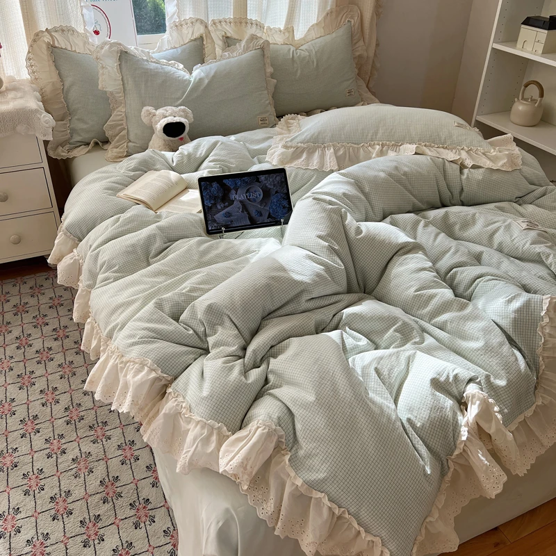 法式小清新全棉色织水洗棉花边款三件套1.5米床上用品小格子