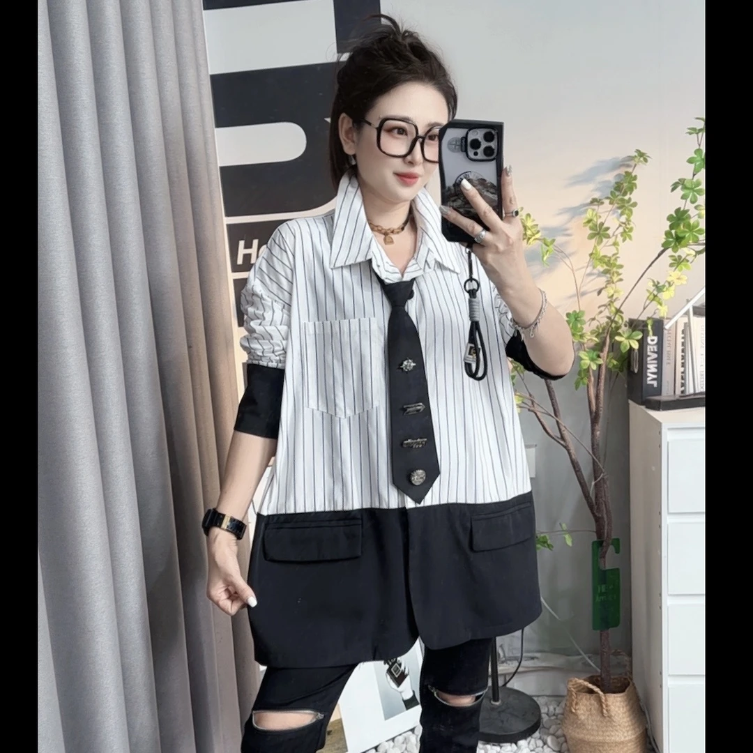【曾姐严选】时尚设计感宽松拼接条纹衬衫