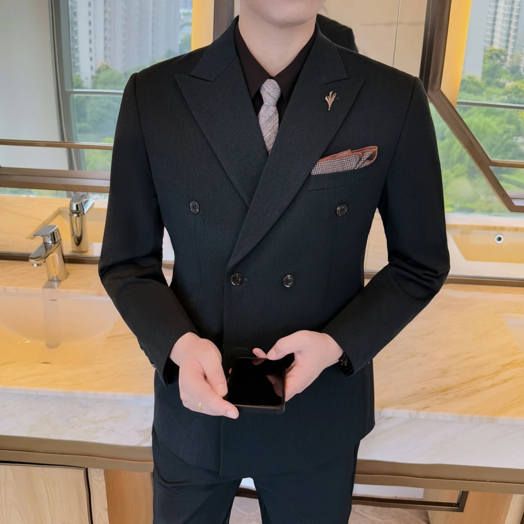 秋冬绵羊毛双排扣西服套装男士韩版修身戗驳领小西装休闲商务外套