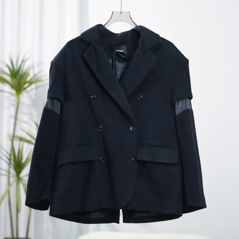 尚系列  E385  女装设计感翻领拼接呢外套黑色FW08R43