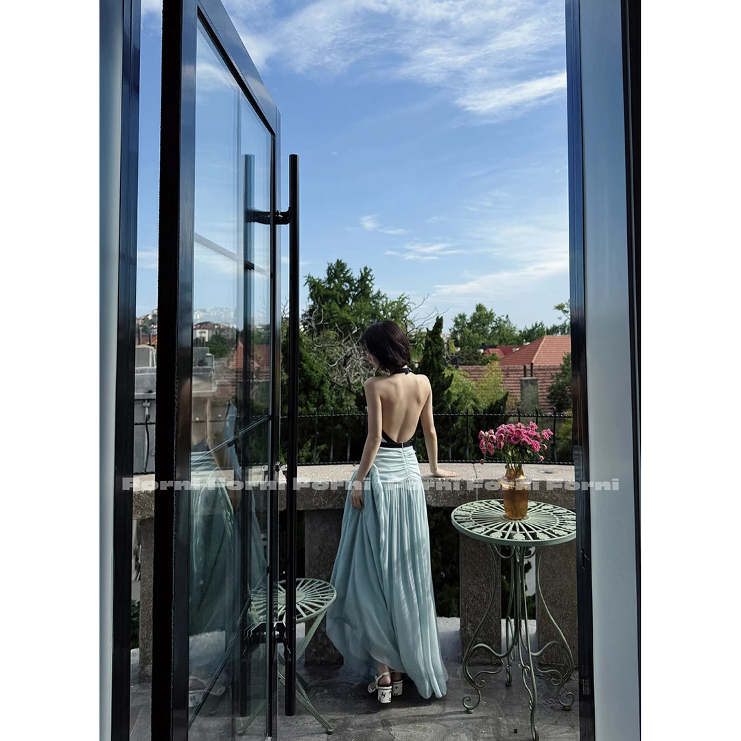 FORNI 蜜绿仙子 Helsa同款轻礼服拼接网纱V领蝴蝶结度假风吊带裙