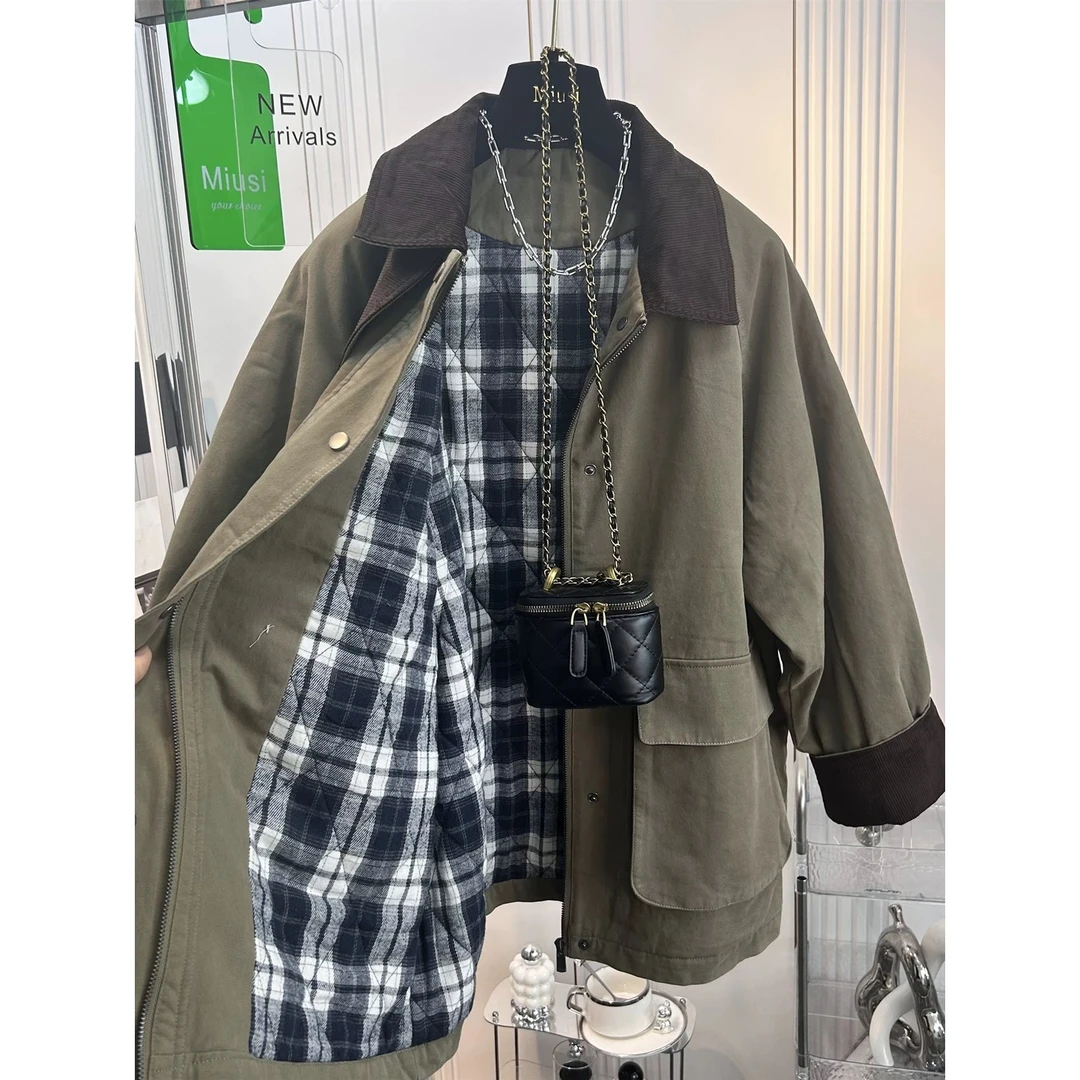 撞色灯芯绒翻领夹棉风衣外套女加厚休闲宽松中长款超好看棉服秋冬
