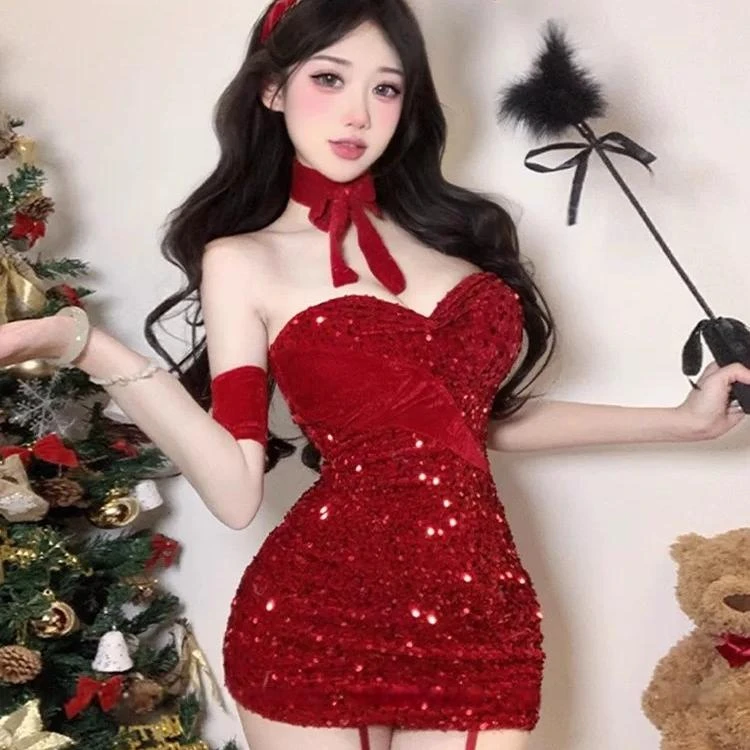 亮片红色辣妹裙穿搭cos兔女郎性感抹胸纯欲风连衣裙新年跨年战袍