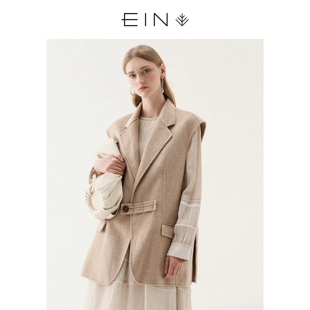 EIN/言文艺复古休闲慵懒羊毛双面呢中长马甲背心女2025秋季款