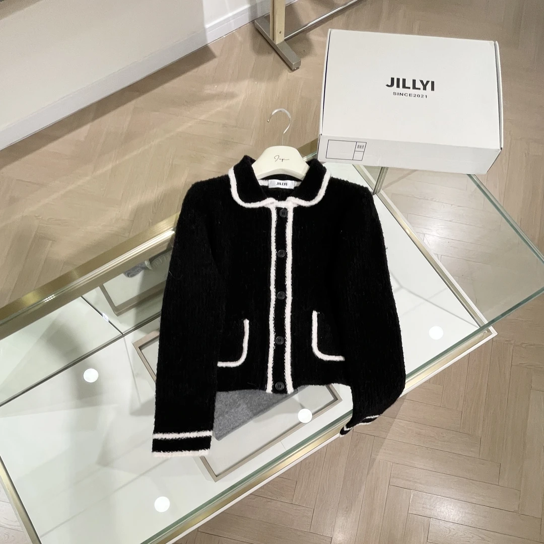 JILLYI【黑糖少女】黑白撞色老钱风简约百搭针织开衫秋季时尚