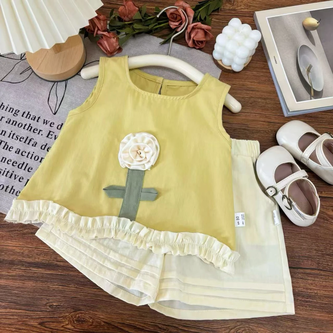 C女小童2025宽肩黄色立体玫瑰花边甜美套装夏女童两件套WL-G-B45