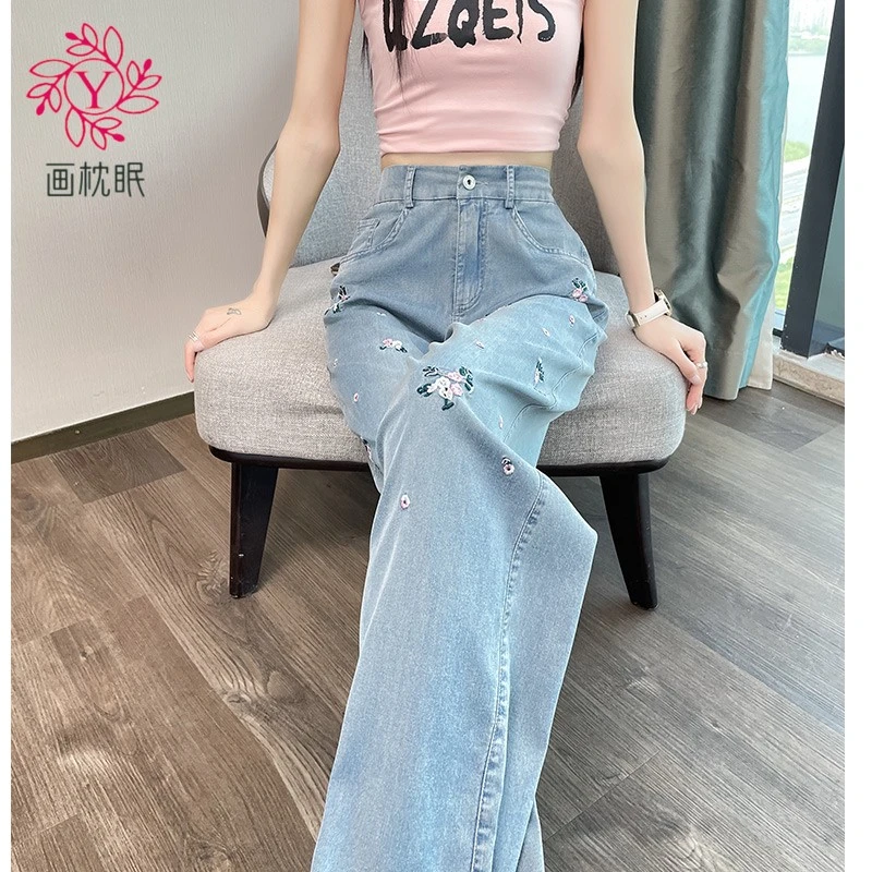 画枕眠牛仔裤女夏季薄款2025新款高腰刺绣小个子时尚窄版阔腿裤