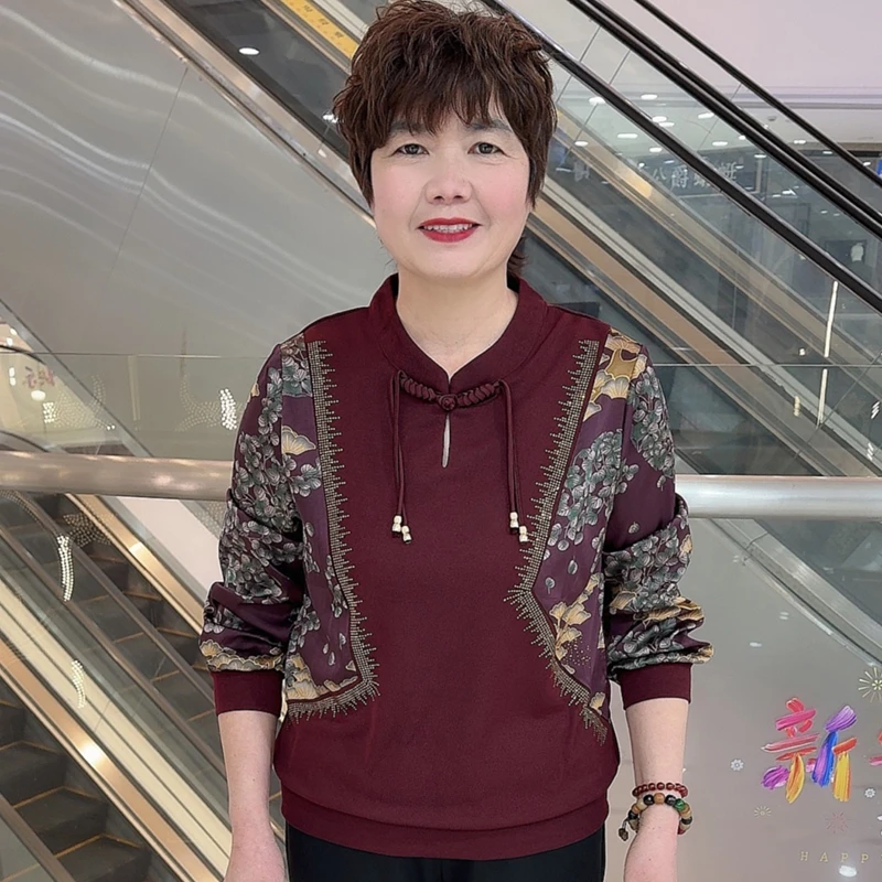 T9813 春季中老年洋气妈妈装新中式休闲简约半高领拼接长袖上衣