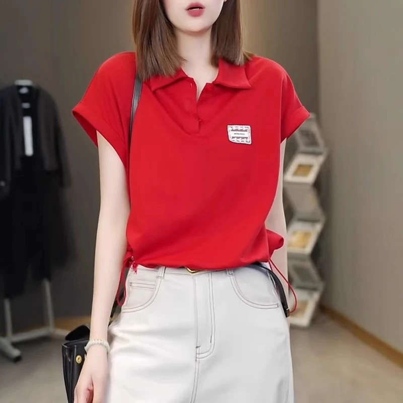 大码Polo领红色短袖t恤体恤衫女夏季胖MM显瘦小飞袖下摆抽绳上衣