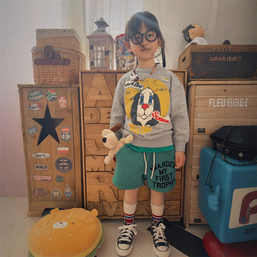 25AW 春款日系儿童卫衣 薄款毛圈小狗GC圆领男女童印花上衣