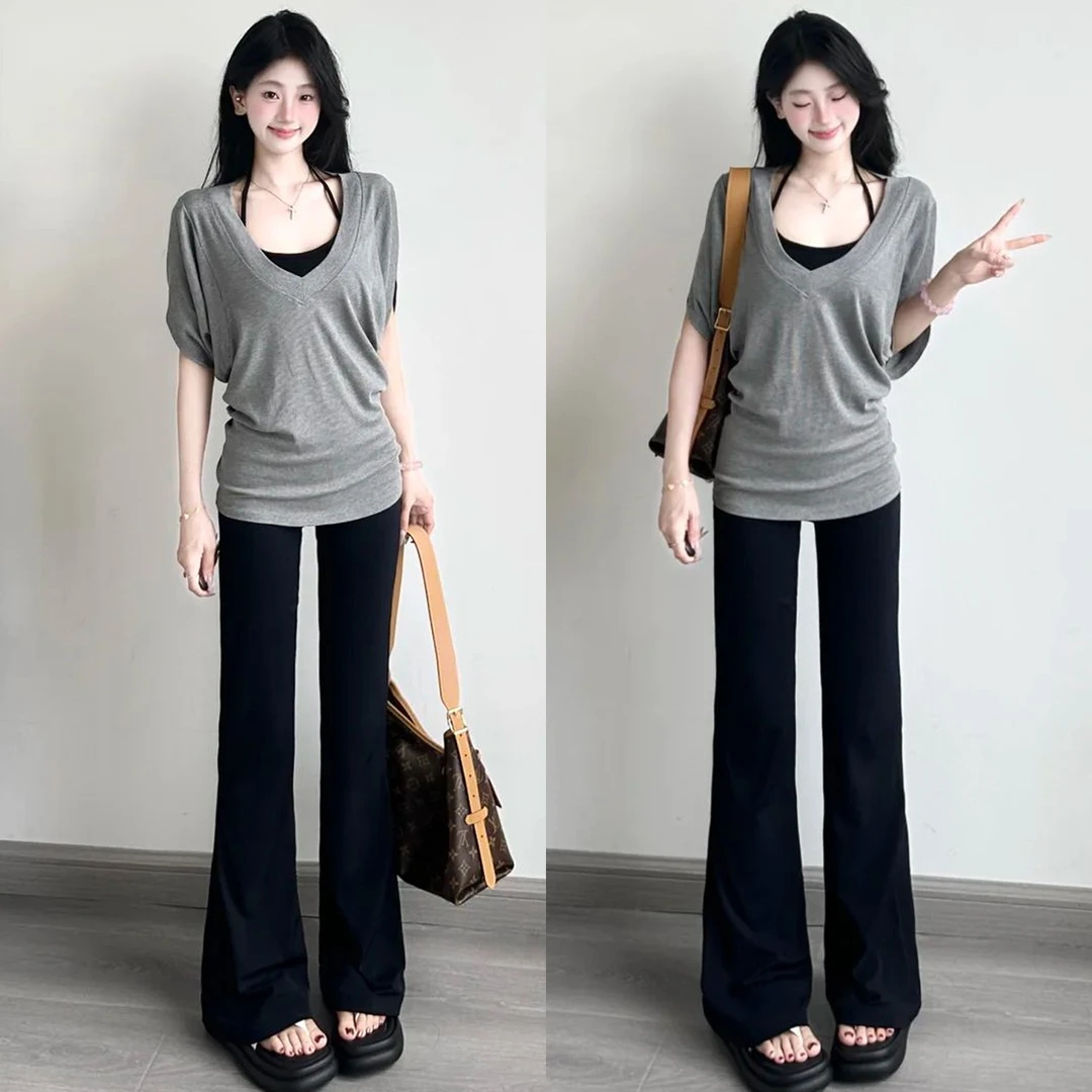 微喇鲨鱼裤女外穿2025新款夏季薄款高腰提臀黑色显瘦小个子喇叭裤