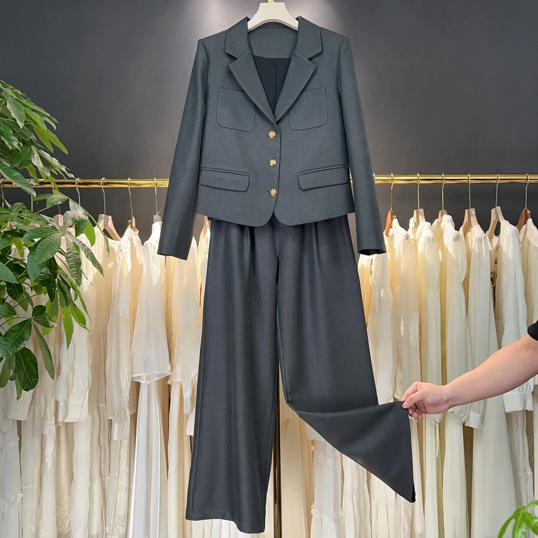 W657 春季新款高级感西装阔腿裤两件套时尚气质洋气套装