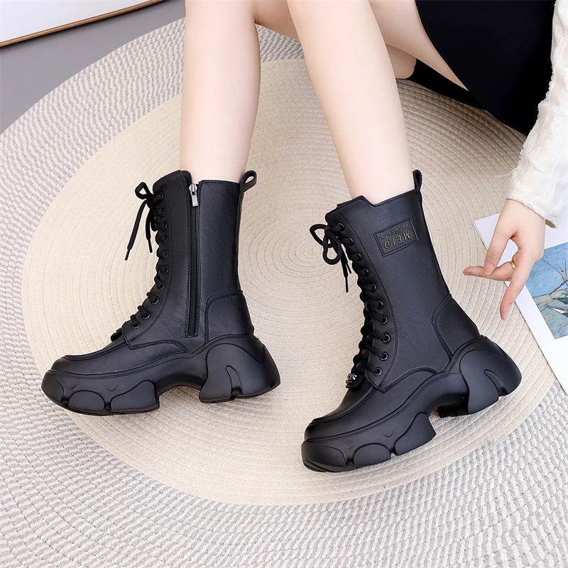 真皮厚底马丁靴女2025新款秋冬时尚中筒增高靴软底轻便加绒棉靴