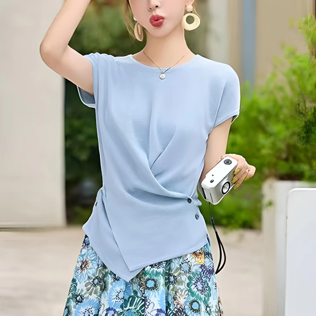 夏季薄款设计感纽扣收腰不规则遮肚显瘦针织衫女短袖T恤小众上衣