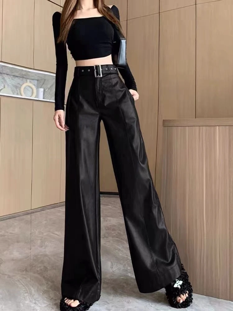 A4626复古皮裤高腰显瘦休闲裤秋冬季宽松垂感直筒长裤百搭拖地裤