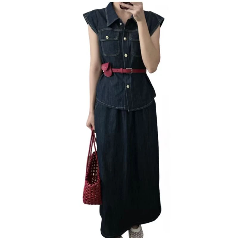 丹宁风欧美风时尚套装牛仔无袖衬衫+高腰半身裙套装收腰显瘦夏女