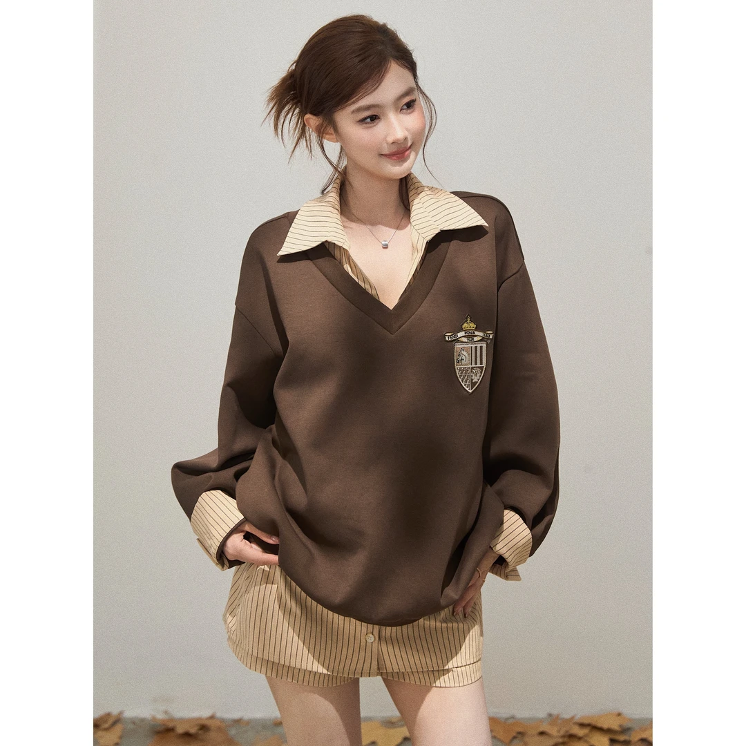 【谢不肉】刺绣V领拼接宽松长袖卫衣女秋条纹A字半身裙套装50355