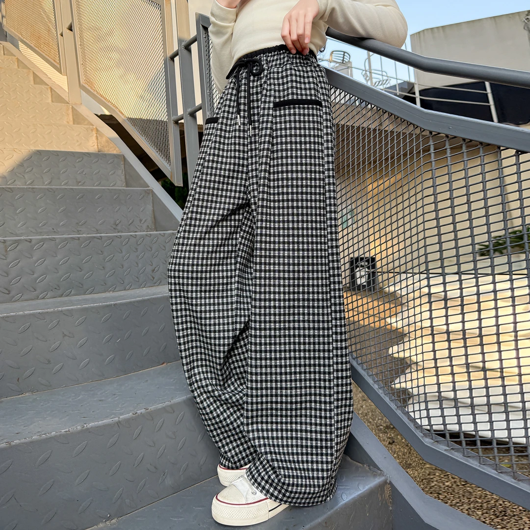 女童裤子秋装2025新款儿童洋气格子阔腿裤中大童春秋款休闲长裤