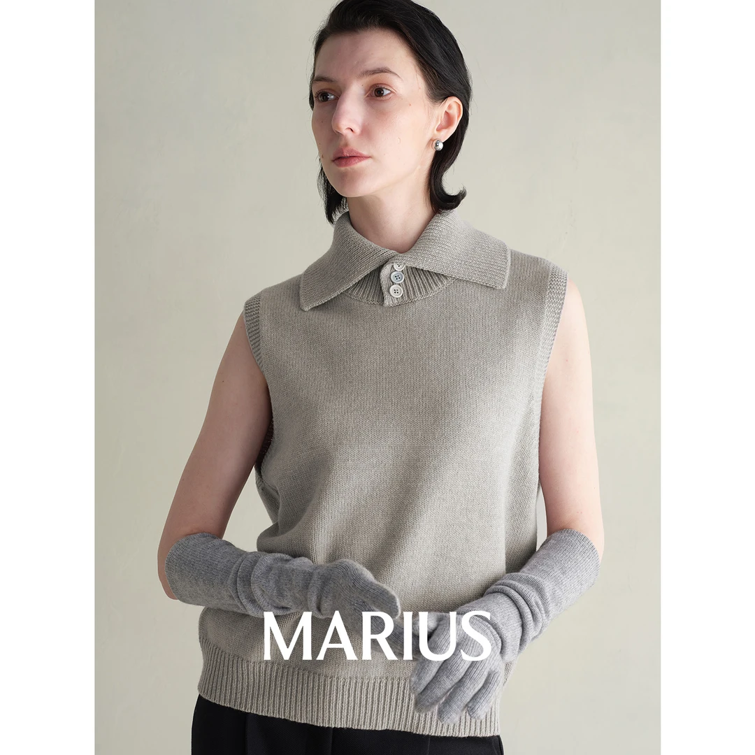 MARIUS轻奢美利奴细绵宽松遮肉显瘦三粒扣翻领叠穿马甲背心