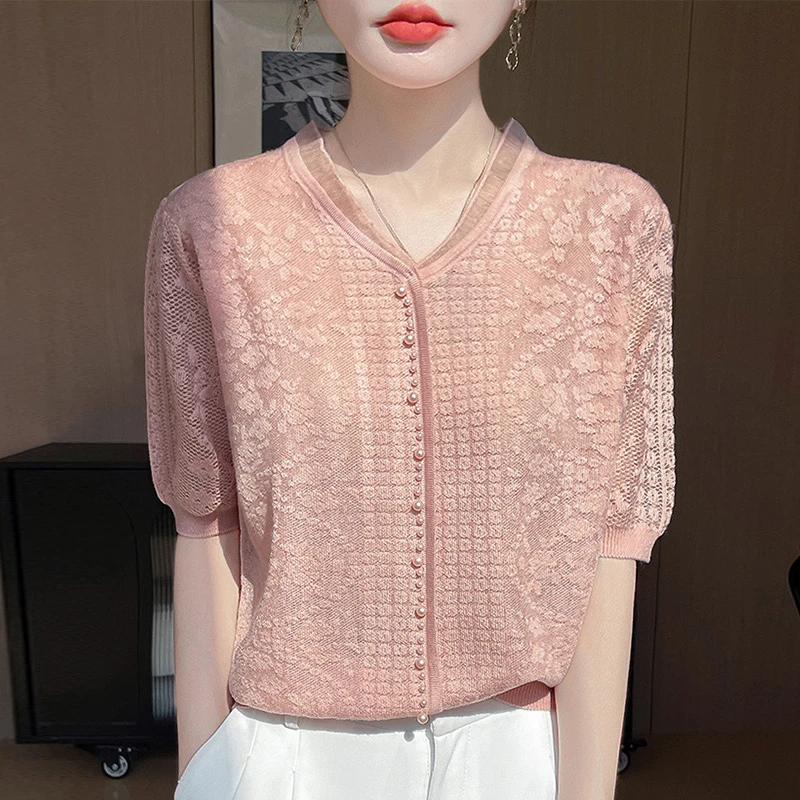 大码女装夏装胖mm冰丝针织衫女士短袖t恤遮肚子巨显瘦v领蕾丝上衣