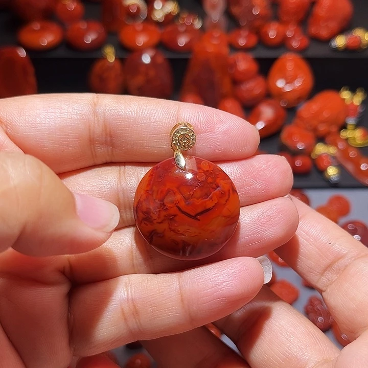 南红玛瑙银S925镶嵌配饰瓦西南红火焰纹无事牌挂件27mm