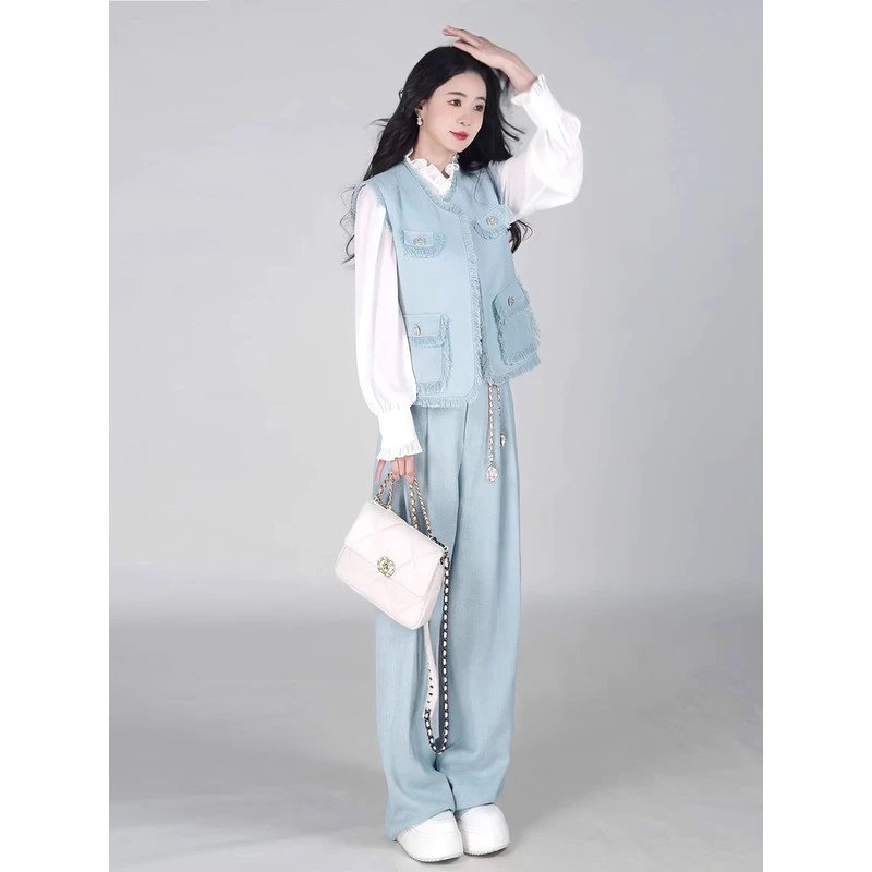 秋装搭配一整套大码胖mm衬衫马甲牛仔裤高级感独特叠穿三件套装女