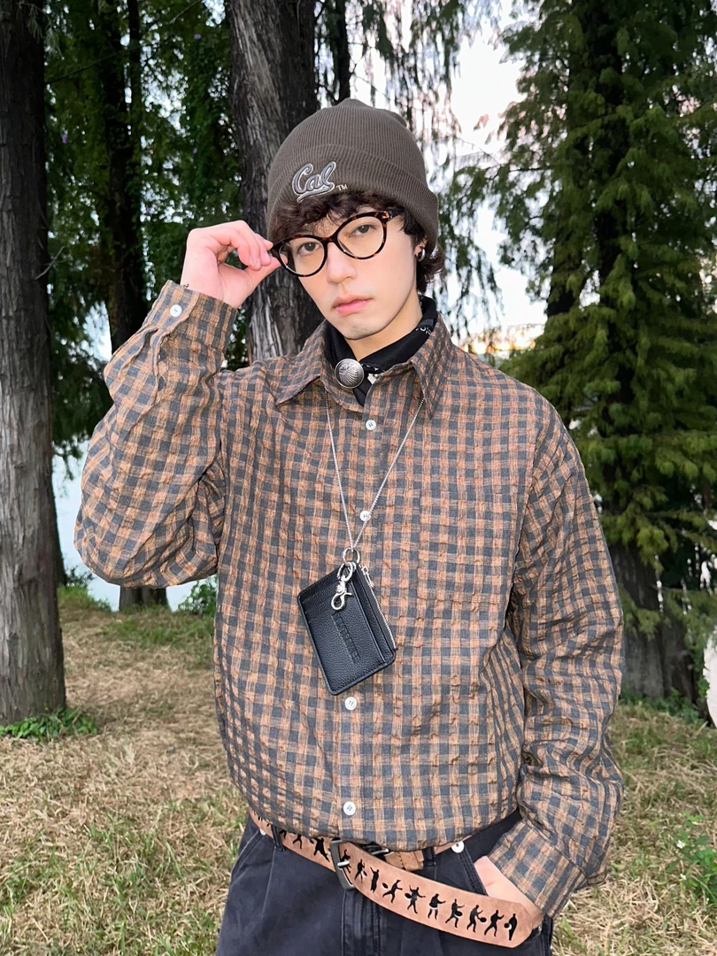 RKAI秋季复古泡泡纱格子衬衫男女宽松百搭休闲vintage长袖衬衣潮