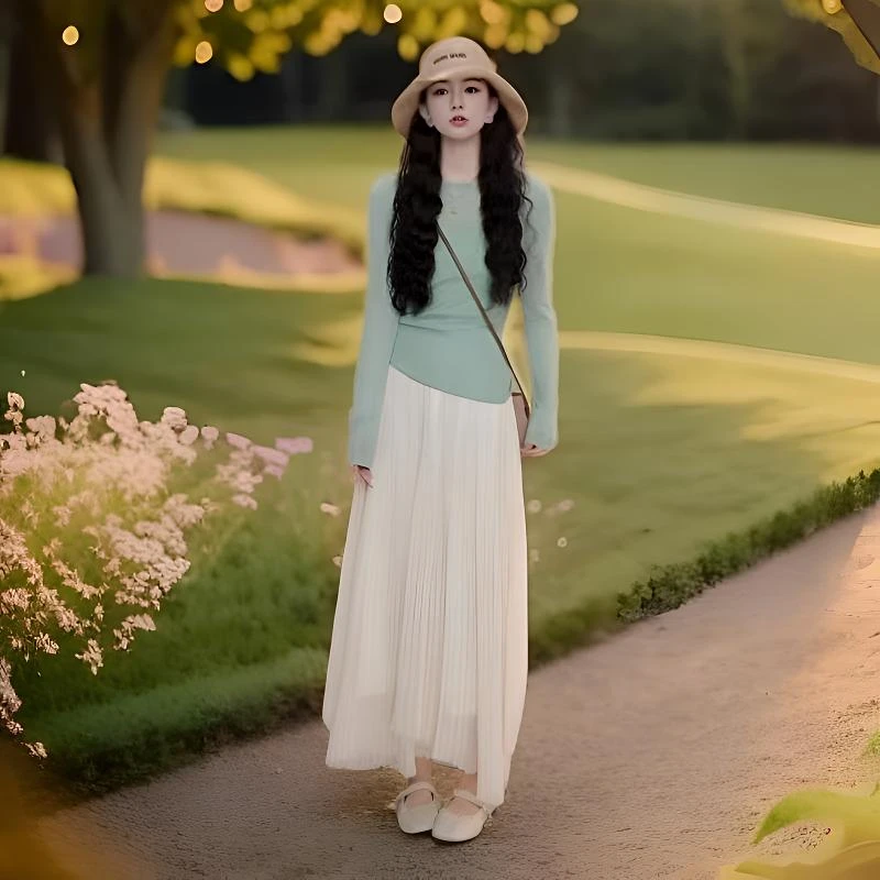 高级感女装春夏防晒罩衫长袖针织上衣百搭褶皱半身裙皮裙半身裙