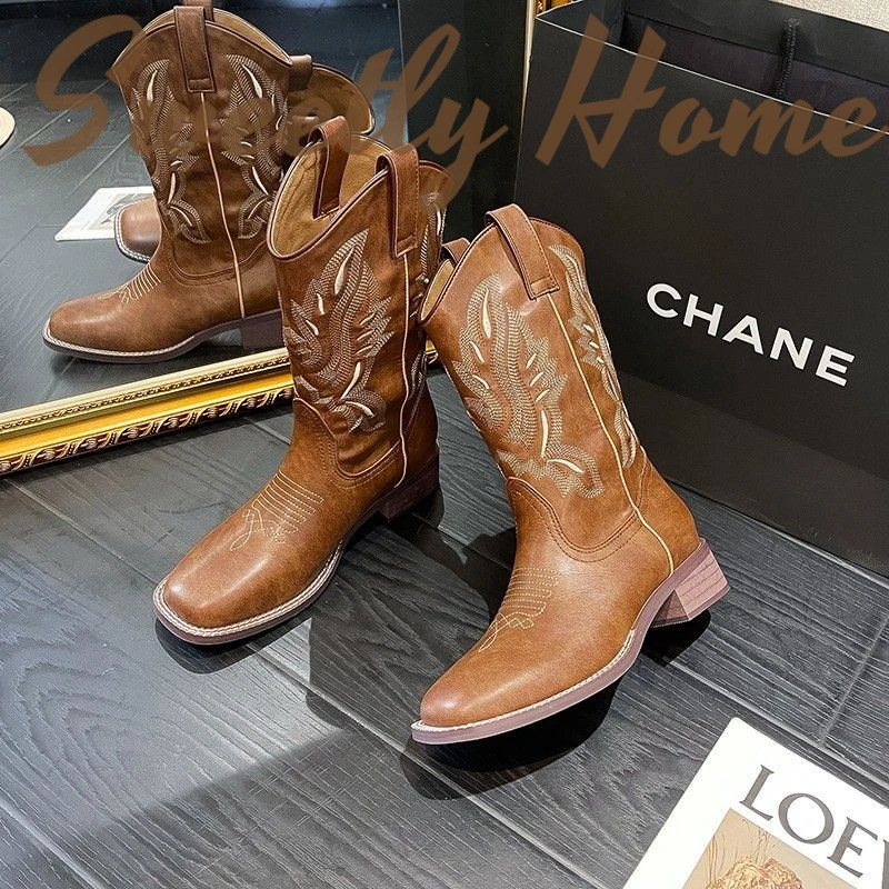 何穗同款复古西部牛仔靴女马丁靴美拉德秋2025新款中筒短靴骑士靴