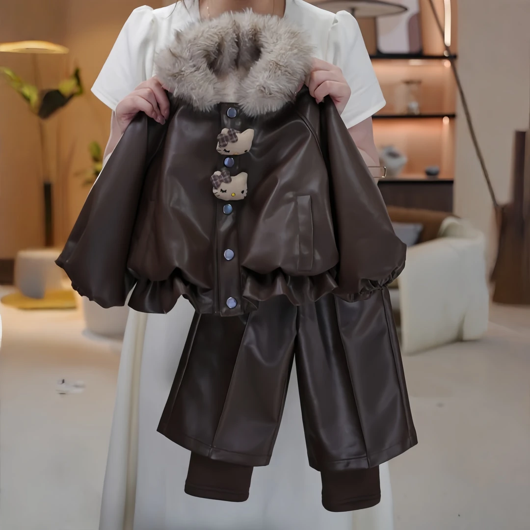 女童冬季套装2025新款儿童洋气加绒加厚皮衣裤子两件套女孩翻毛领