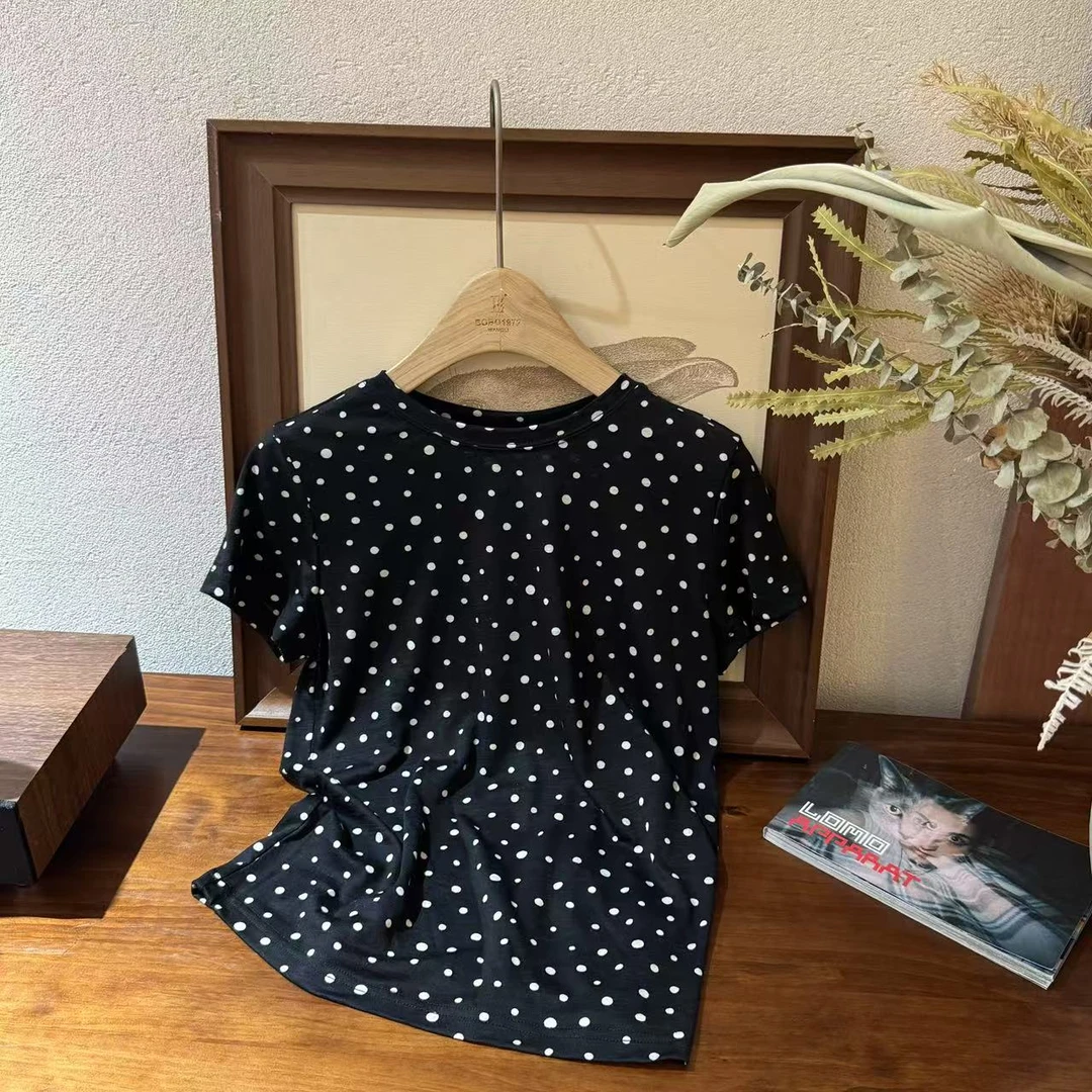 【周炸炸】全羊毛 港风复古波点交叉短袖T恤法式设计感上衣#259522