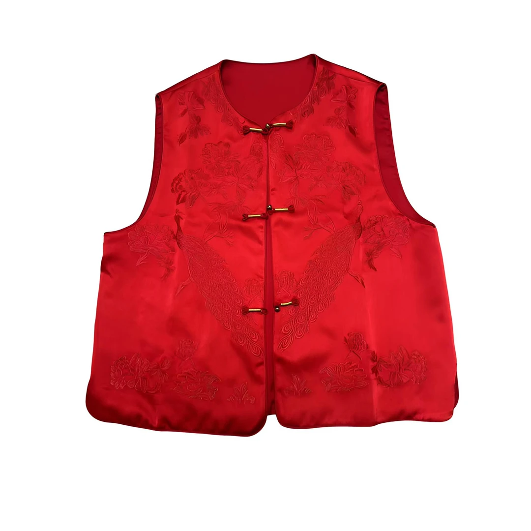 圆领红色国潮复古刺绣提花马夹网红中国风免烫