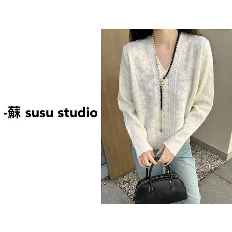 JSV领勾花镂空针织衫高级感女装蕾丝薄款精细针织打底毛衣08016