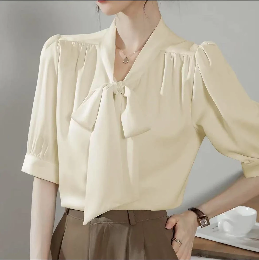 【仙仙女装】衬衫短袖蝴蝶白色系带港风衬衫夏季女装衬衣泡泡袖