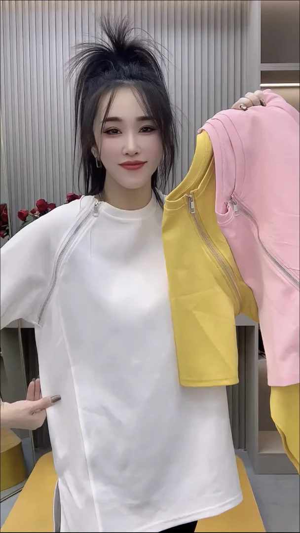 欧洲站2025夏季新款纯色拼接拉链短袖t恤女宽松时尚洋气百搭上衣