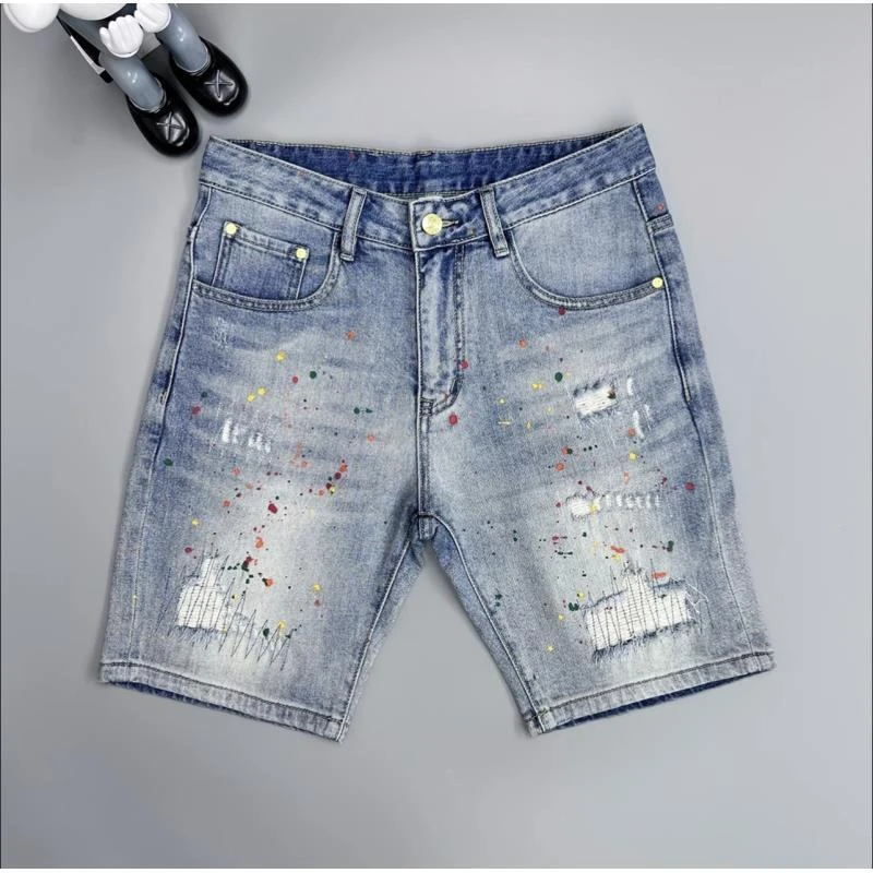 夏季薄款牛仔短裤男士假破洞潮流五分裤修身弹力泼墨喷漆个性中裤