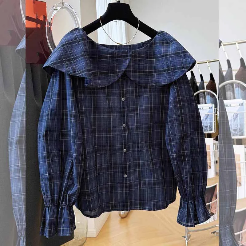 复古高级感荷叶边格子女装春秋季新品大码长袖娃娃衫宽松衬衣个性