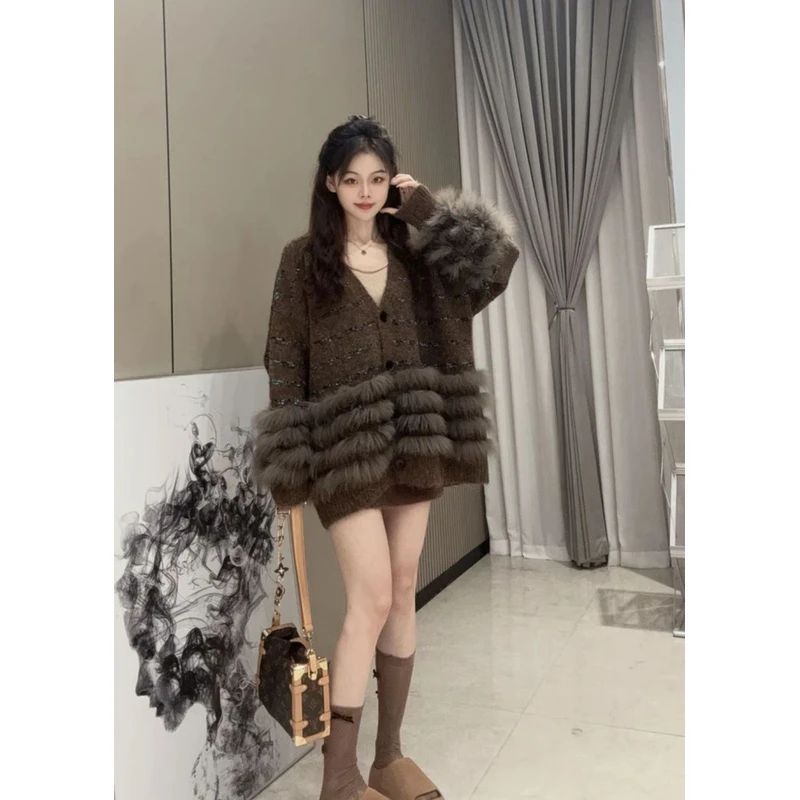【罗马假日】女中长款V领狐狸毛针织羊毛衫拼接均码长袖百搭外套