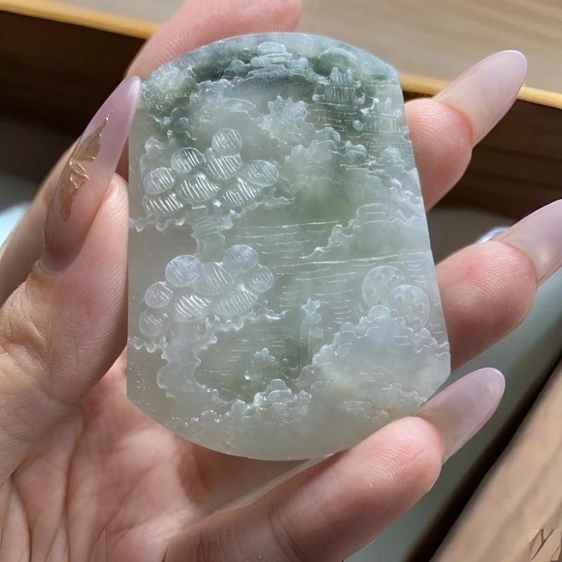 翡翠飘翠冰胶山水牌 毛货买断 尺寸65*42*5.5mm