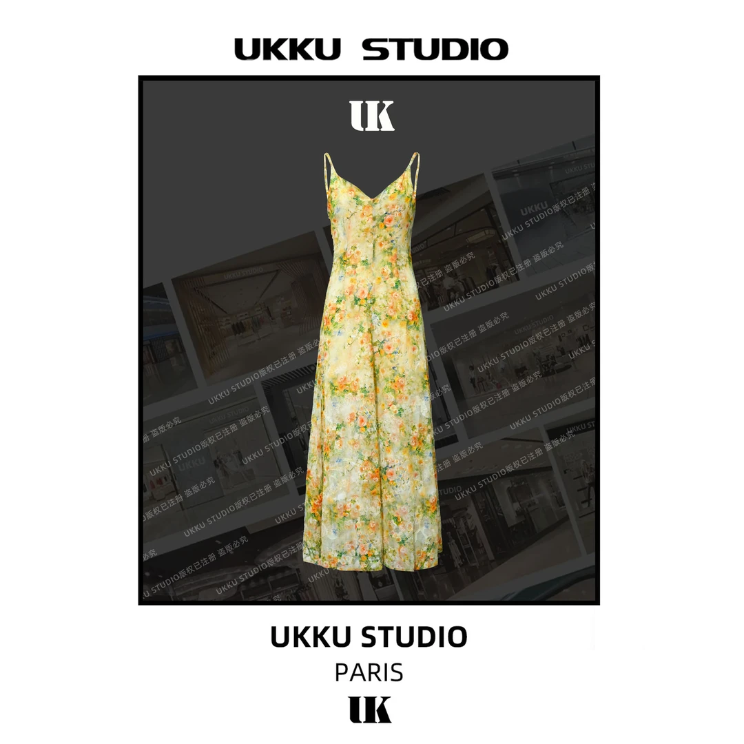 慧慧【UKKU STUDIO】【油画公主】设计师玫收腰印花吊带连衣裙513659