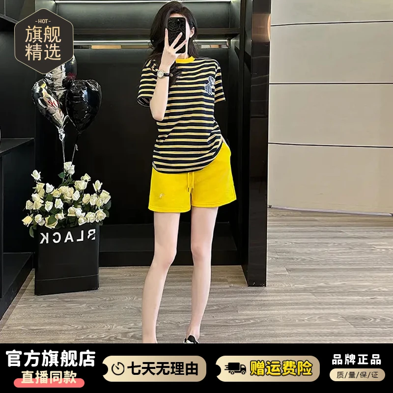 高含棉休闲减龄套装女2025年夏季新款宽松条纹短袖t恤短裤两件套