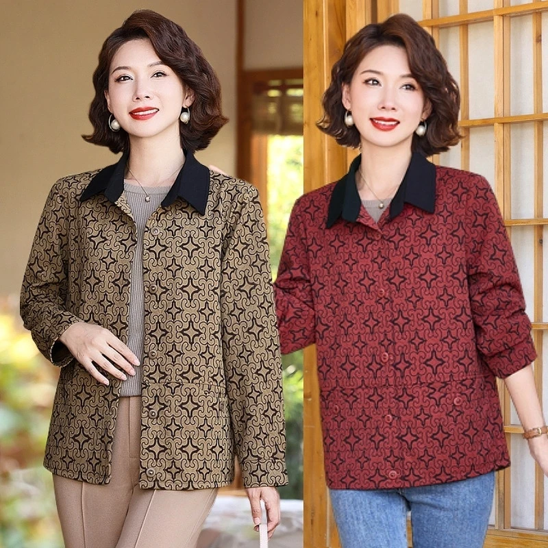 新款妈妈装外套女装长袖夹克衫女中老年女装大码宽松上衣女夹克