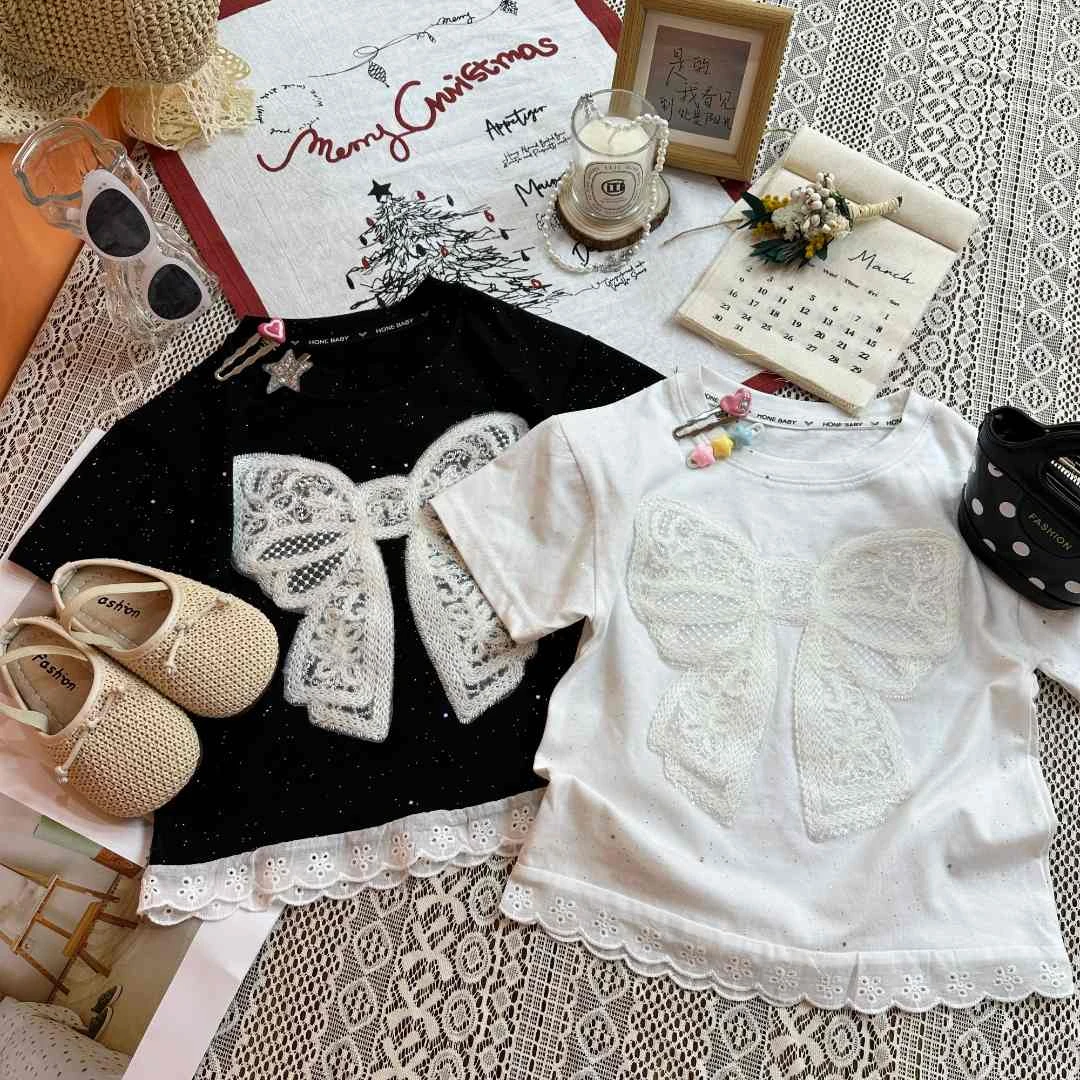 【陈思晨】2025夏季儿童立体大蝴蝶结满天星洒银纯棉蕾丝边短袖T恤