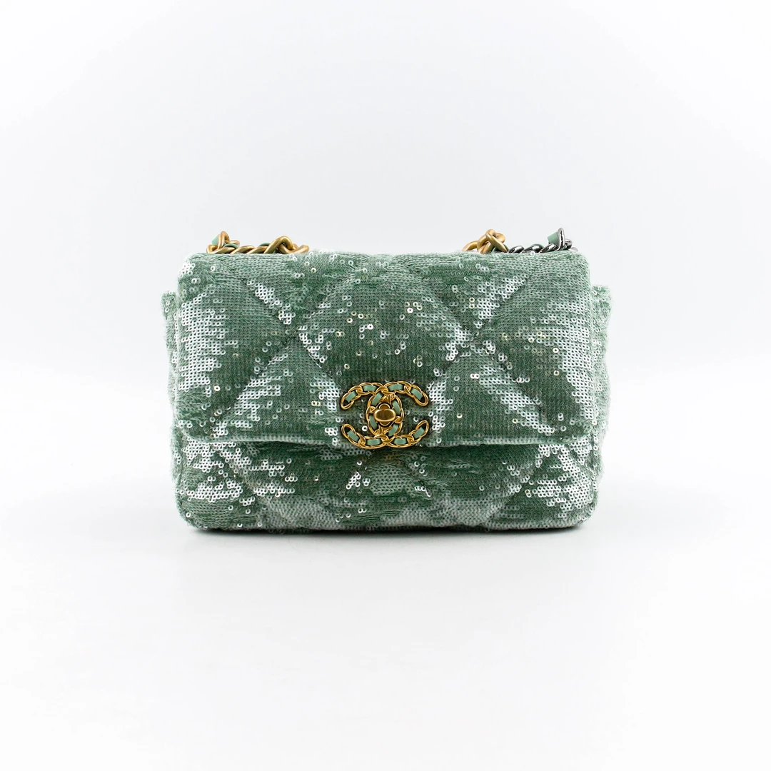 95新 Chanel/香奈儿 60224B绿色亮片19Bag小号手提单肩斜挎包