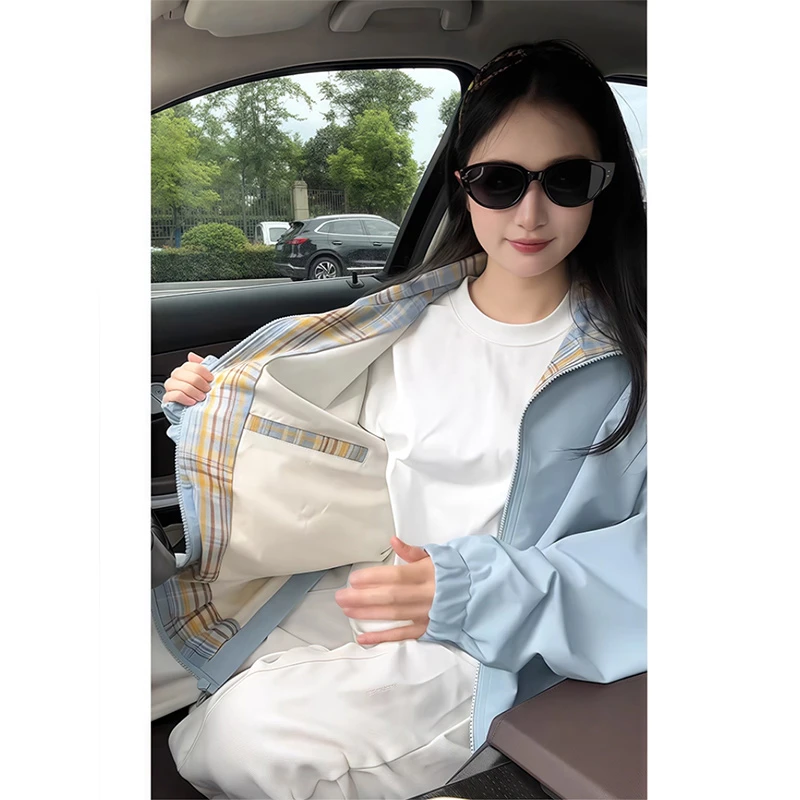 蓝色格子拼接翻领夹克男女秋季美式复古高级感廓形棒球服情侣外套