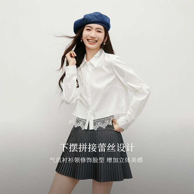 韩系甜美蕾丝拼接衬衫2025春季新款女装翻领短款百搭显瘦白色上衣